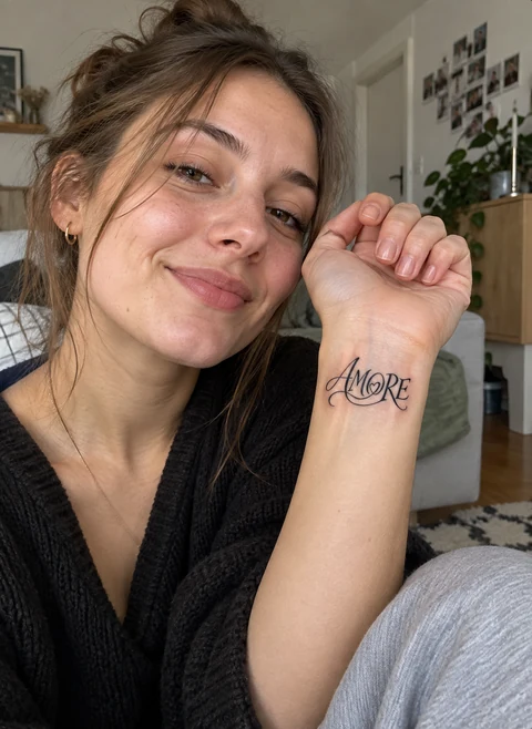 Tatuaż z ozdobnym napisem Amore i sercem na wewnętrznej stronie nadgarstka