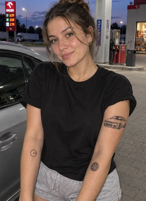 Kobieta z motywami samochodu i drobnymi symbolami na rękach na nocnym parkingu