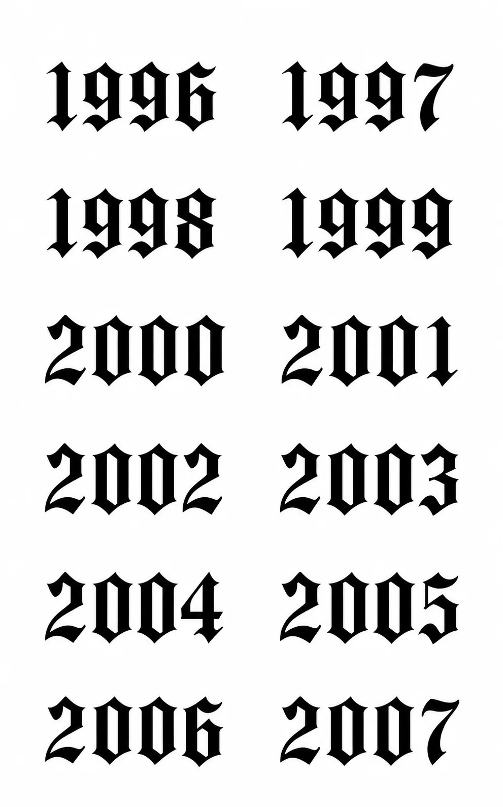 Czarny wzór tatuażu: Rocznik 1996–2007 — duży arkusz do wycinania