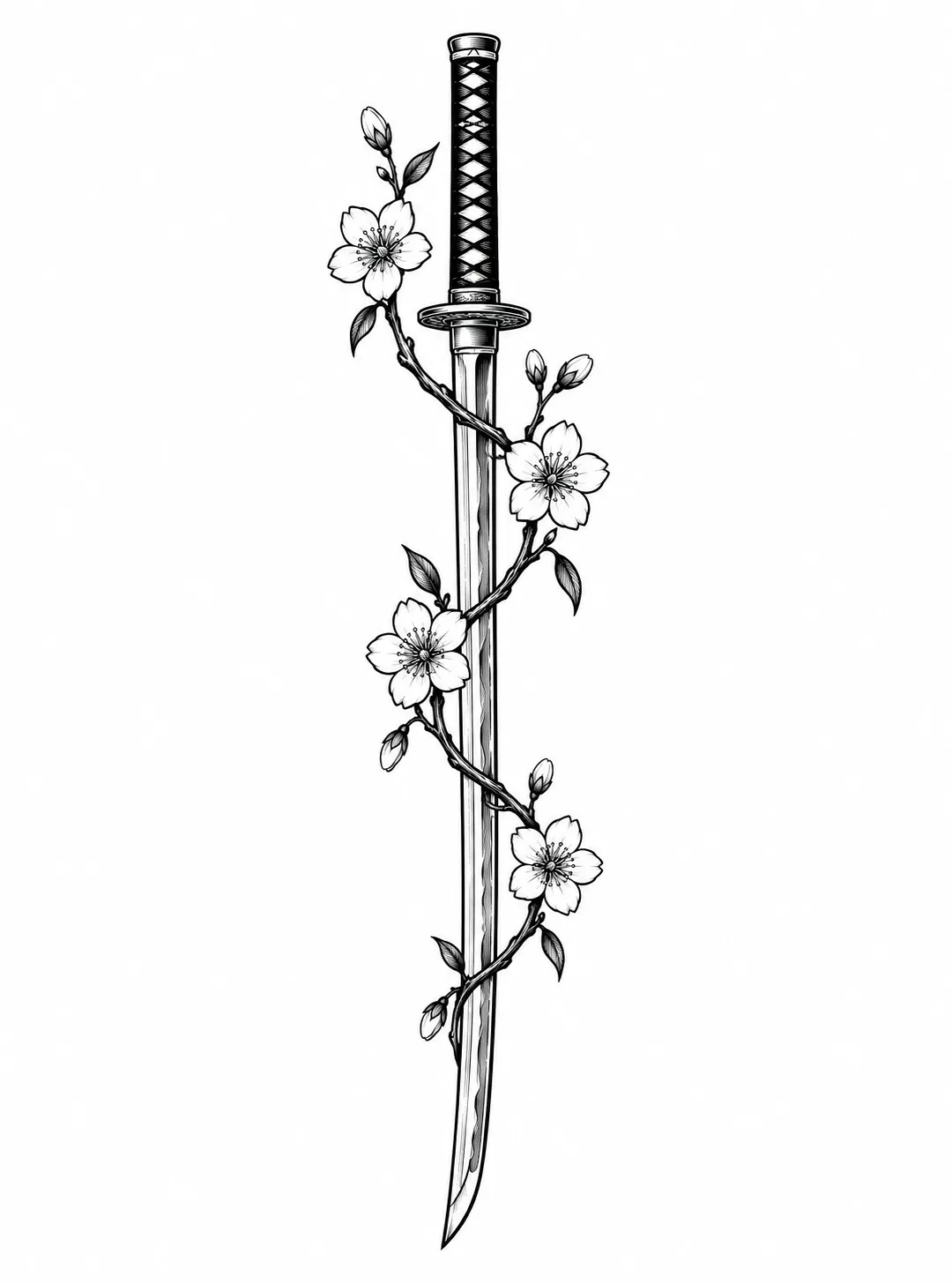 Czarny wzór tatuażu: Katana i wiśnia