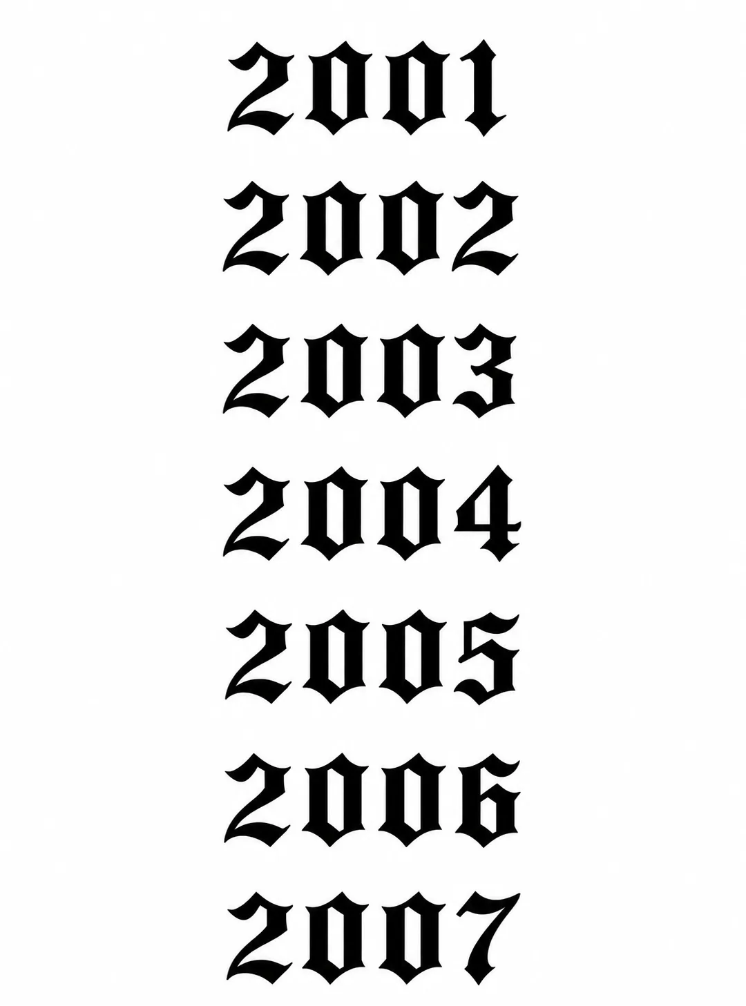 Czarny wzór tatuażu: Rocznik 2001–2007 — arkusz do wycinania