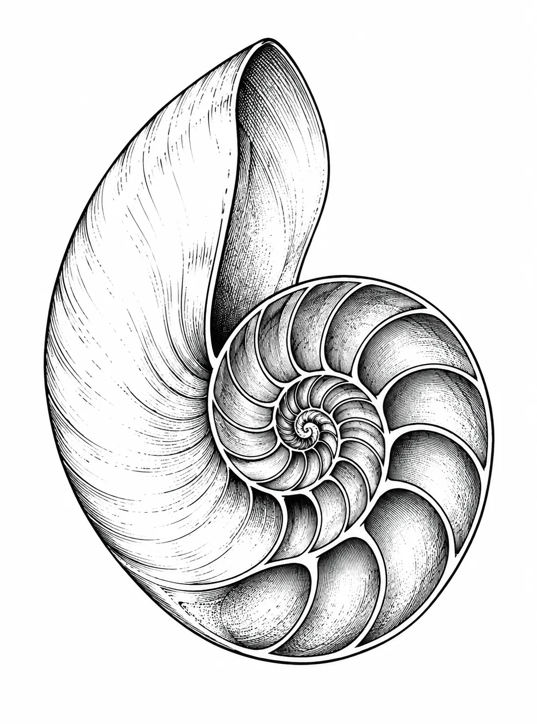Czarny wzór tatuażu: Nautilus - spiralna muszla