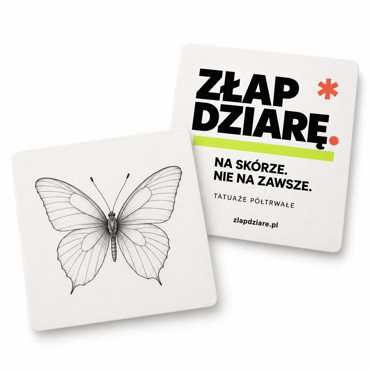 Motyl na nadgarstek — wizualizacja przodu i tyłu opakowania Złap Dziarę