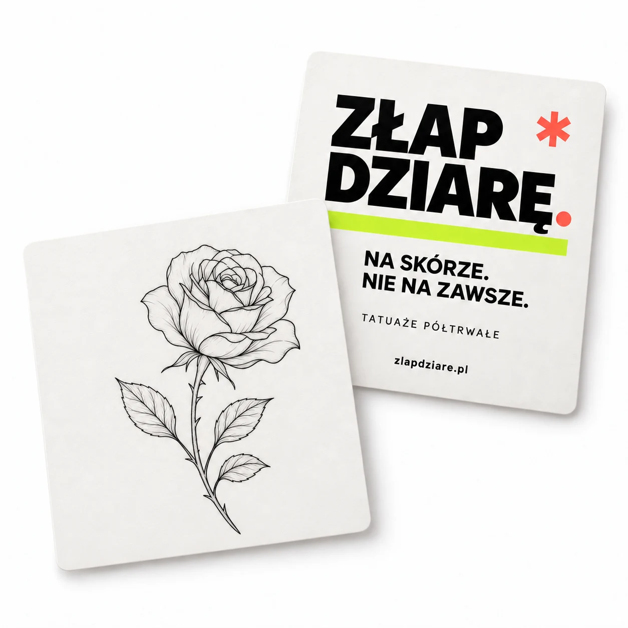 Róża fine line — wizualizacja przodu i tyłu opakowania Złap Dziarę